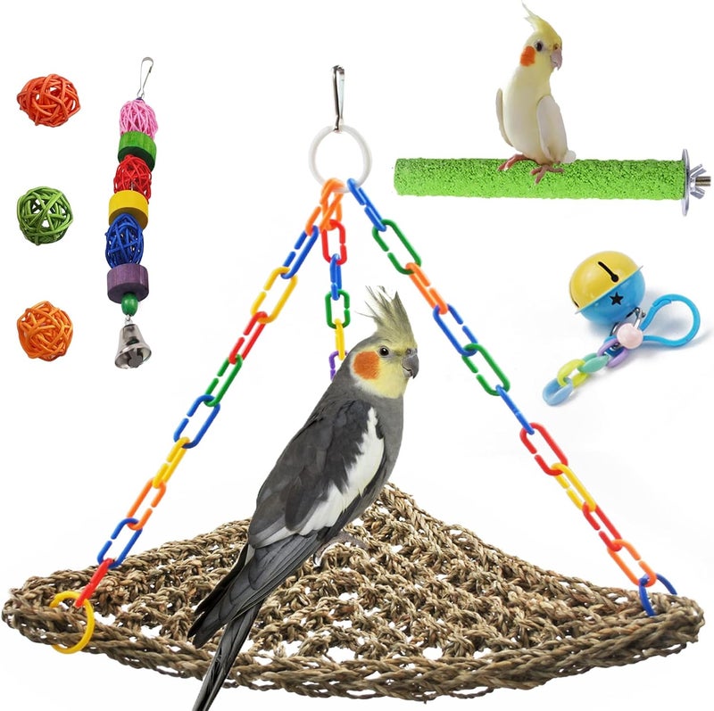 MUYG Bird Swing Toys,Parakeet Seagrass Mat,Edible Triangle Seagrass Hammock with Color Toys Handmade Woven Natural Grass Net Hanging on Parrot Cage for Budgies Lovebird Canary Cockatiel Finch Hamster - Image 1